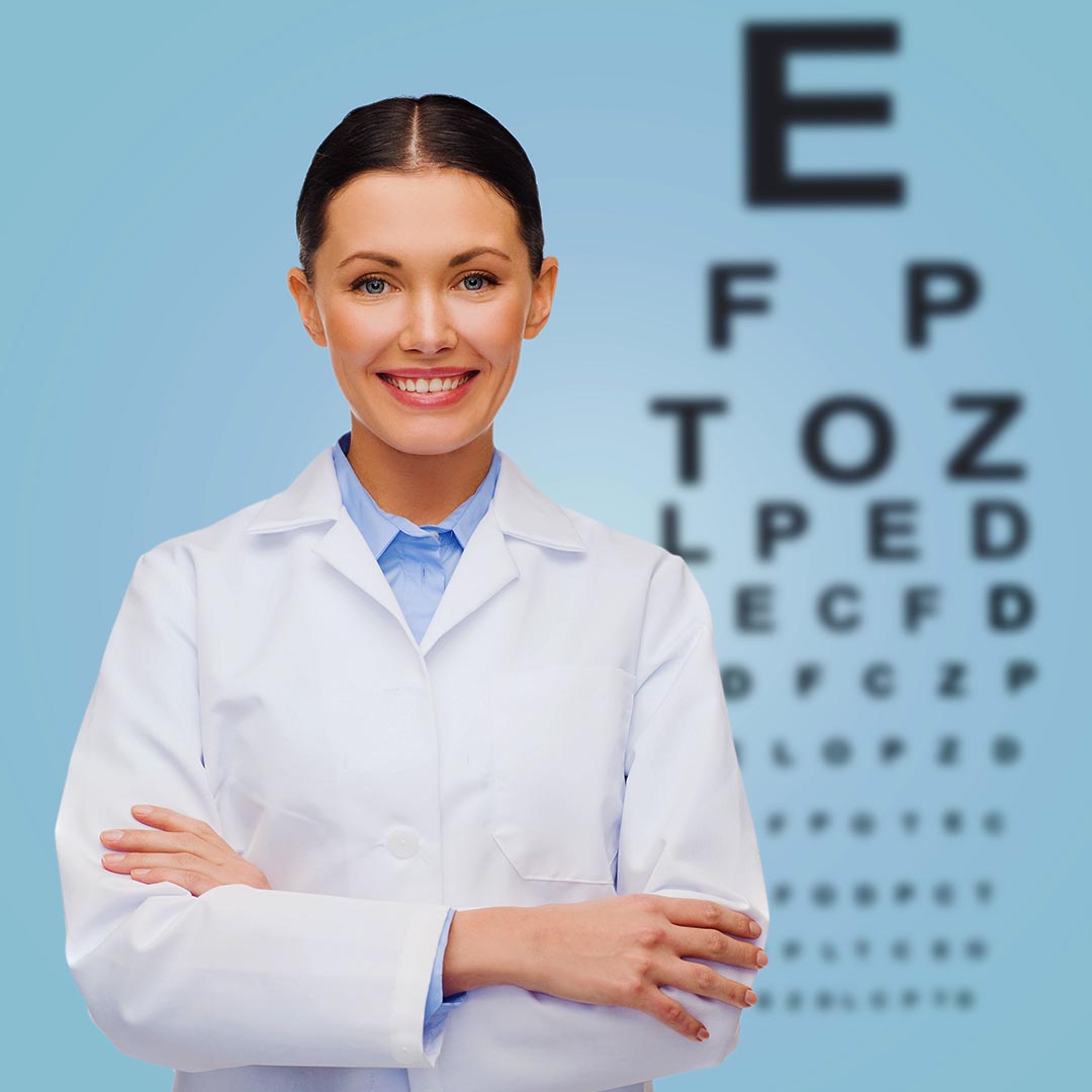 Eye doctor with eye exam chart in the background
