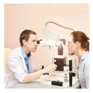 an eye doctor checking someones eyes