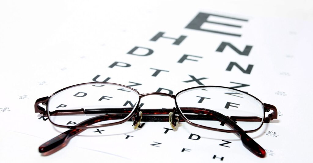glasses on an eye exam chart