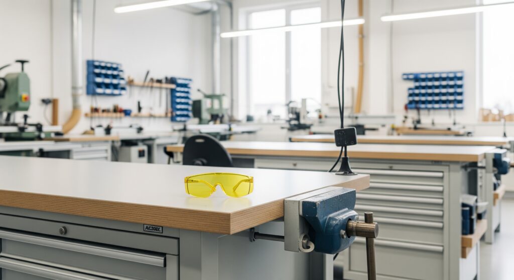 A modern and clean workshop with safety glasses prominently displayed on a workbench.
