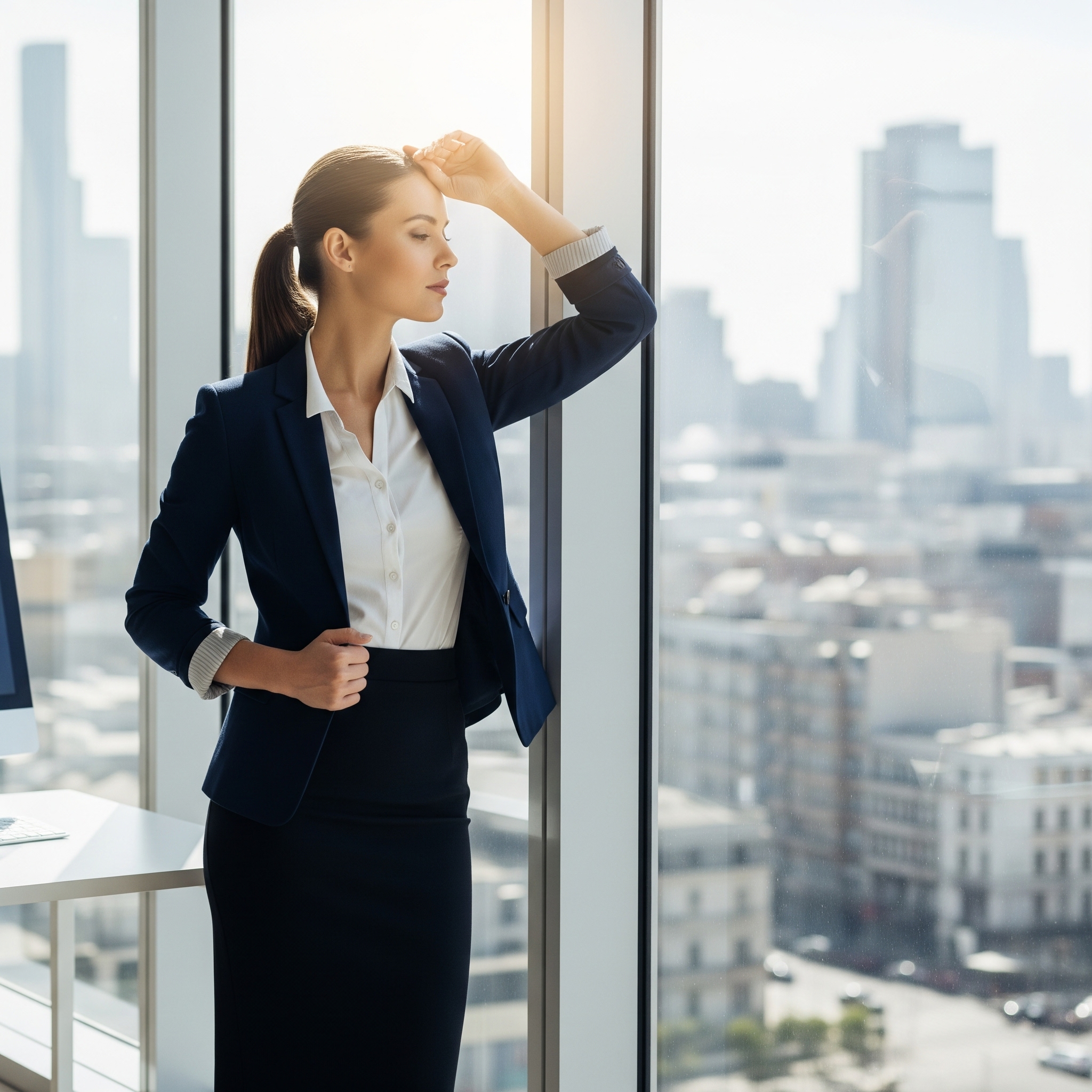 A professional woman in an office, looking out a window to rest her eyes from the computer screen.