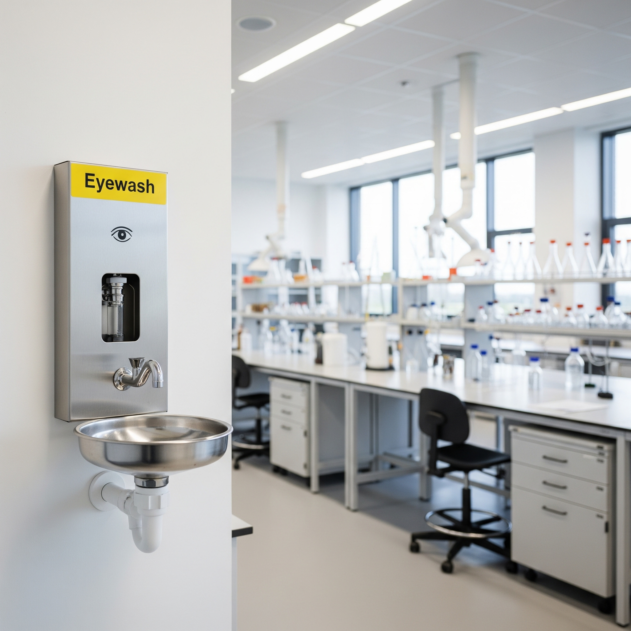 A clearly marked, modern eyewash station mounted on a wall in a laboratory.