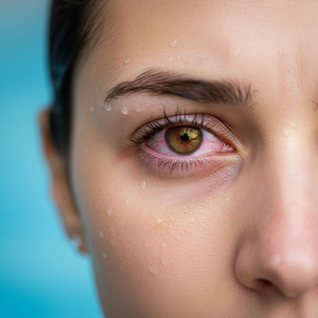 A close-up of a person's red and irritated eye after swimming.