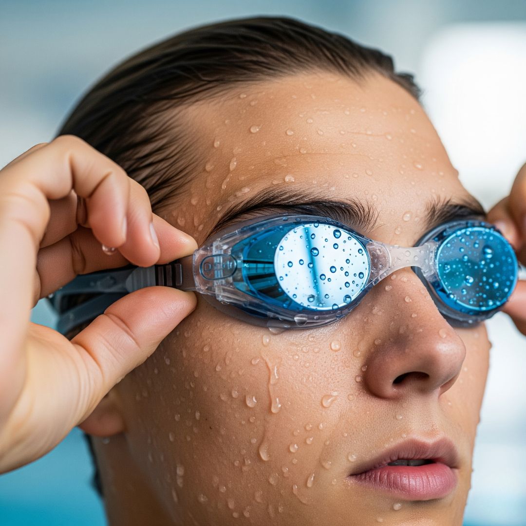 A person adjusting a pair of swimming goggles on their face.