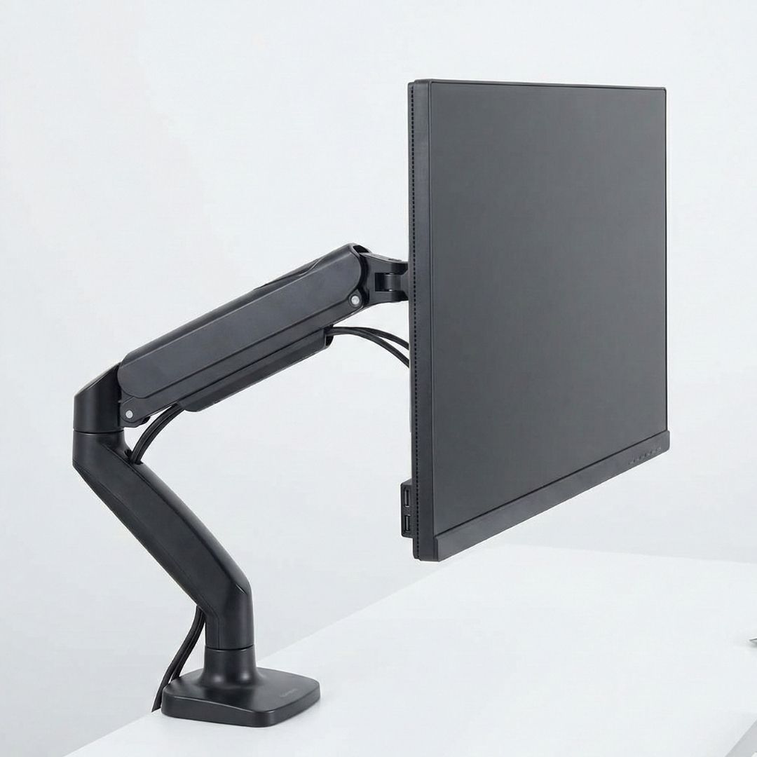 A close-up view of an adjustable monitor arm holding a computer screen at an ergonomic height on a white desk.