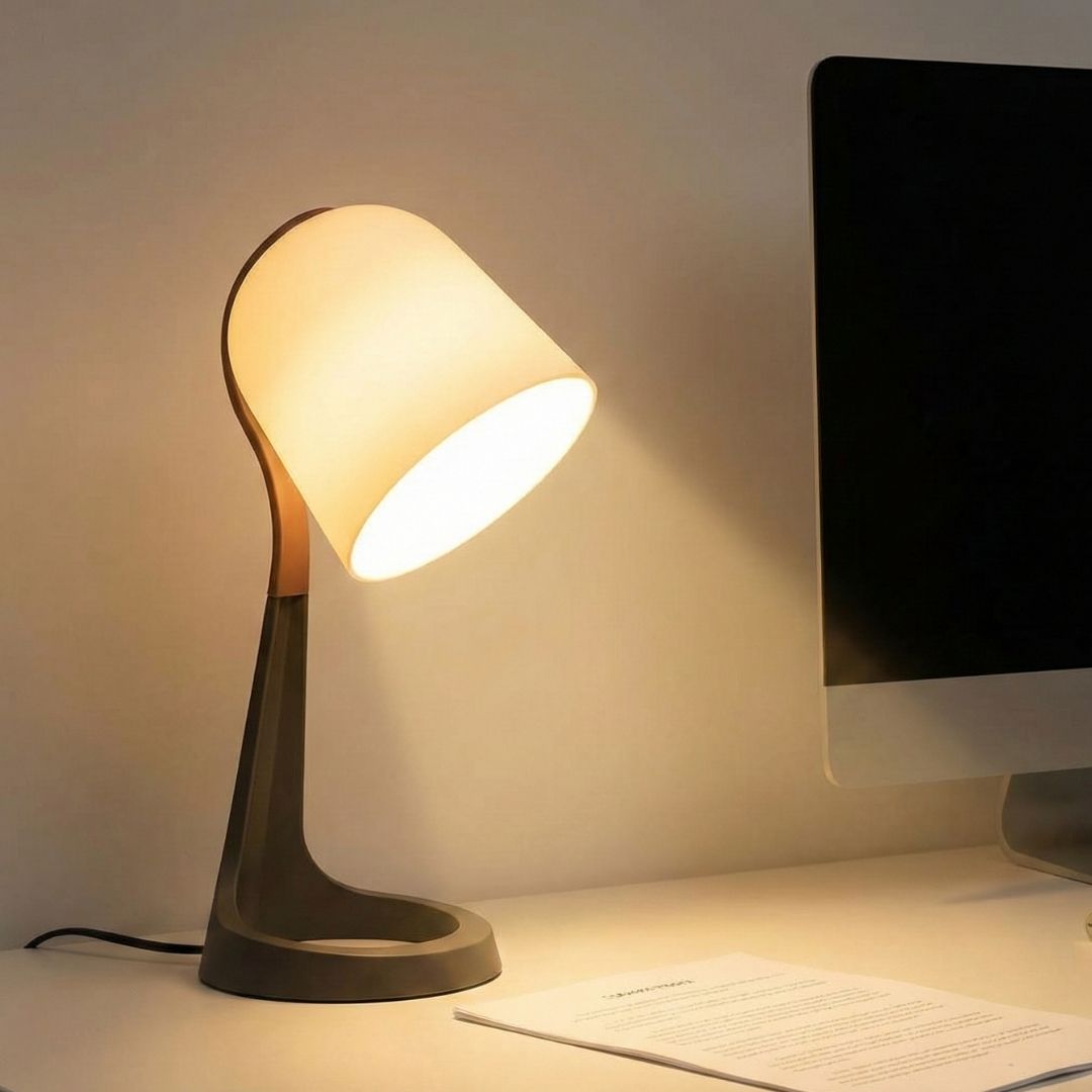 A desk lamp with warm, diffused light illuminates a document on a desk next to a computer monitor.