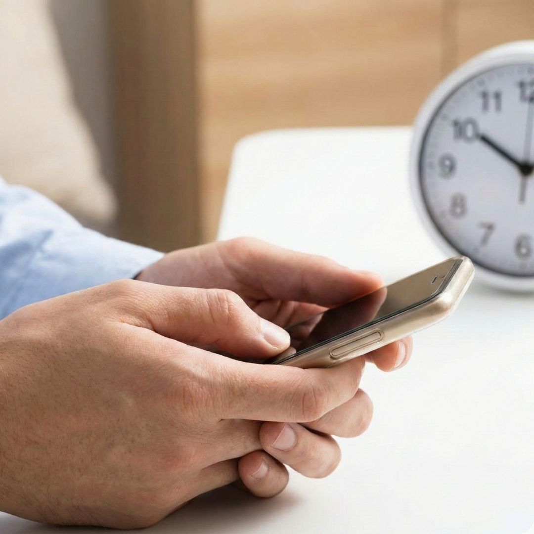 A close-up of a person's hands holding a smartphone with a blurred clock in the background, illustrating the concept of taking a break.