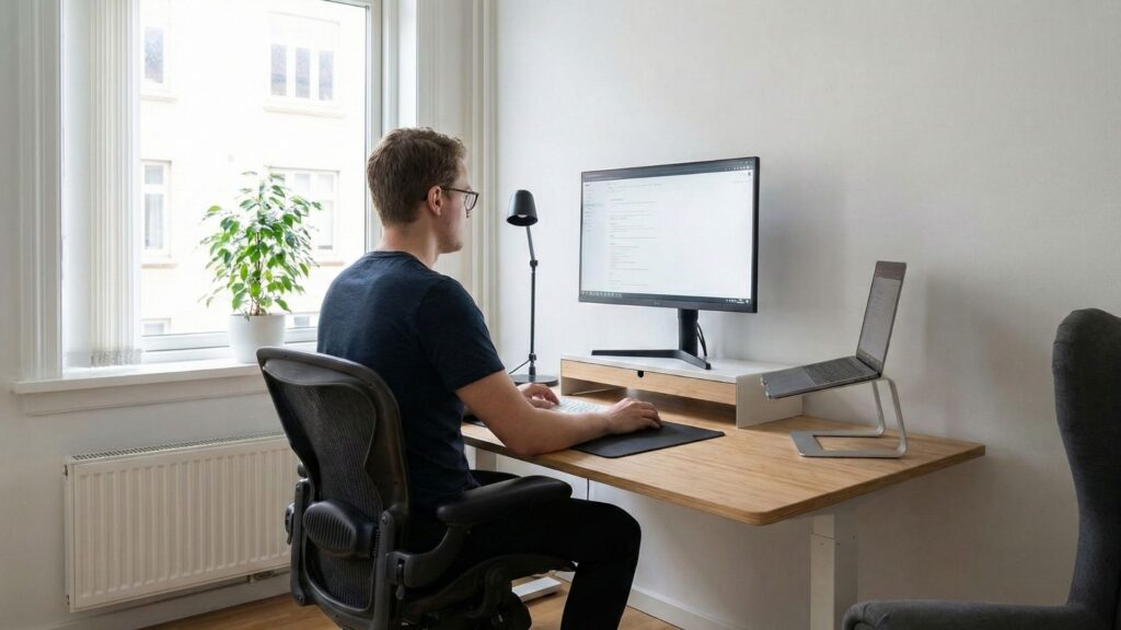 A person works at an ergonomic desk setup with a monitor on a riser, sitting in a supportive office chair.