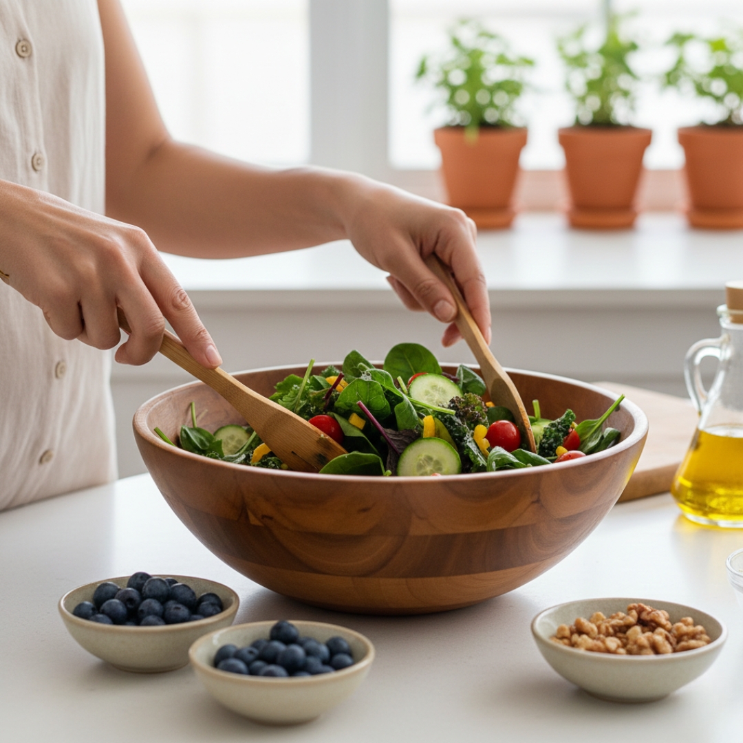 A person tosses a vibrant Mediterranean salad filled with leafy greens, cucumbers, and cherry tomatoes in a large wooden bowl.