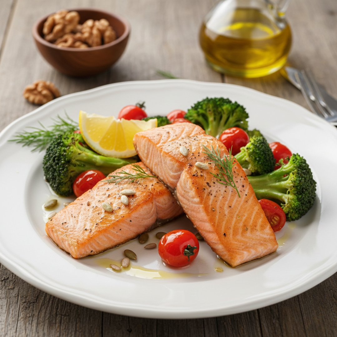 Two grilled salmon fillets are served on a white plate with roasted broccoli, cherry tomatoes, and a fresh lemon wedge.
