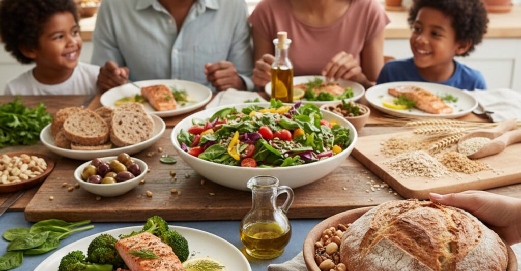 A family enjoys a healthy Mediterranean meal featuring fresh salmon, leafy green salad, and whole-grain bread together at a sunlit wooden table.