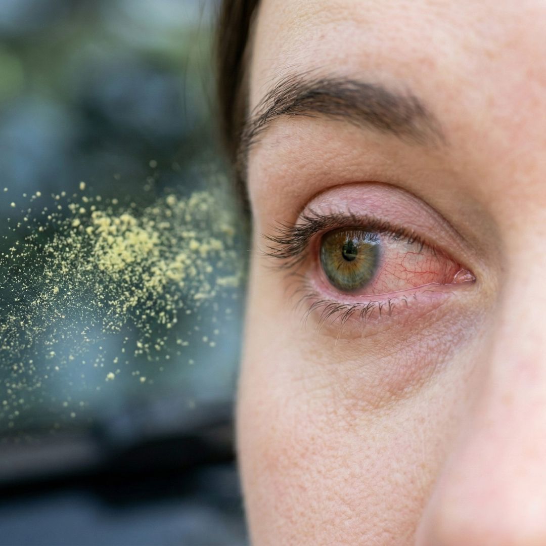 extreme close-up focuses intensely on a red, irritated eye caused by heavy, physical allergens like the pine/oak pollen discussed. The yellow dusting of pollen visible on the background surface subtly visualizes the specific trigger.