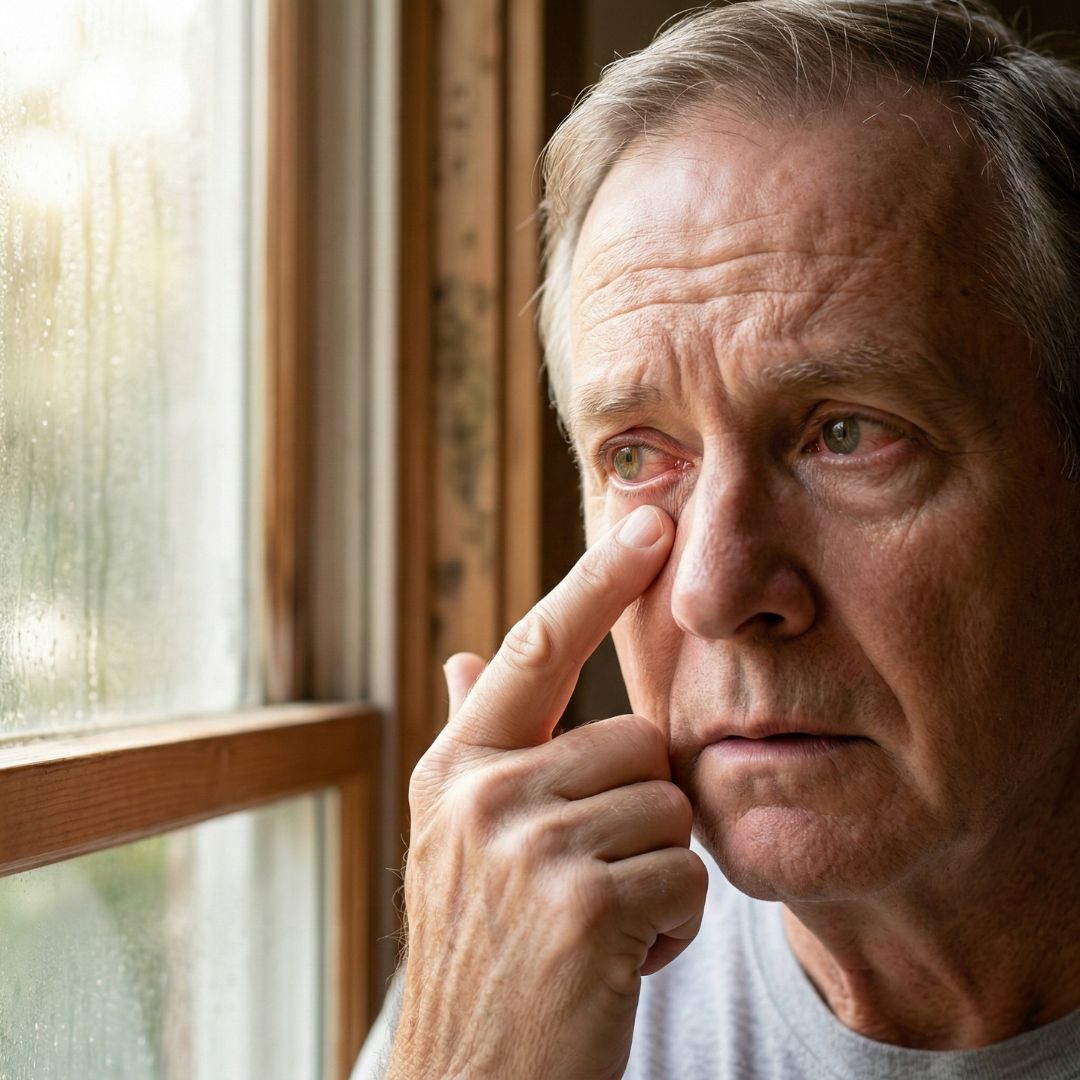 A man is gently rubbing an itchy eye. Crucially, the background features soft-focus patches of mildew on a window frame