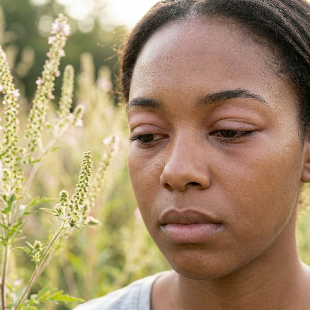 a young woman with puffy eyes in a field