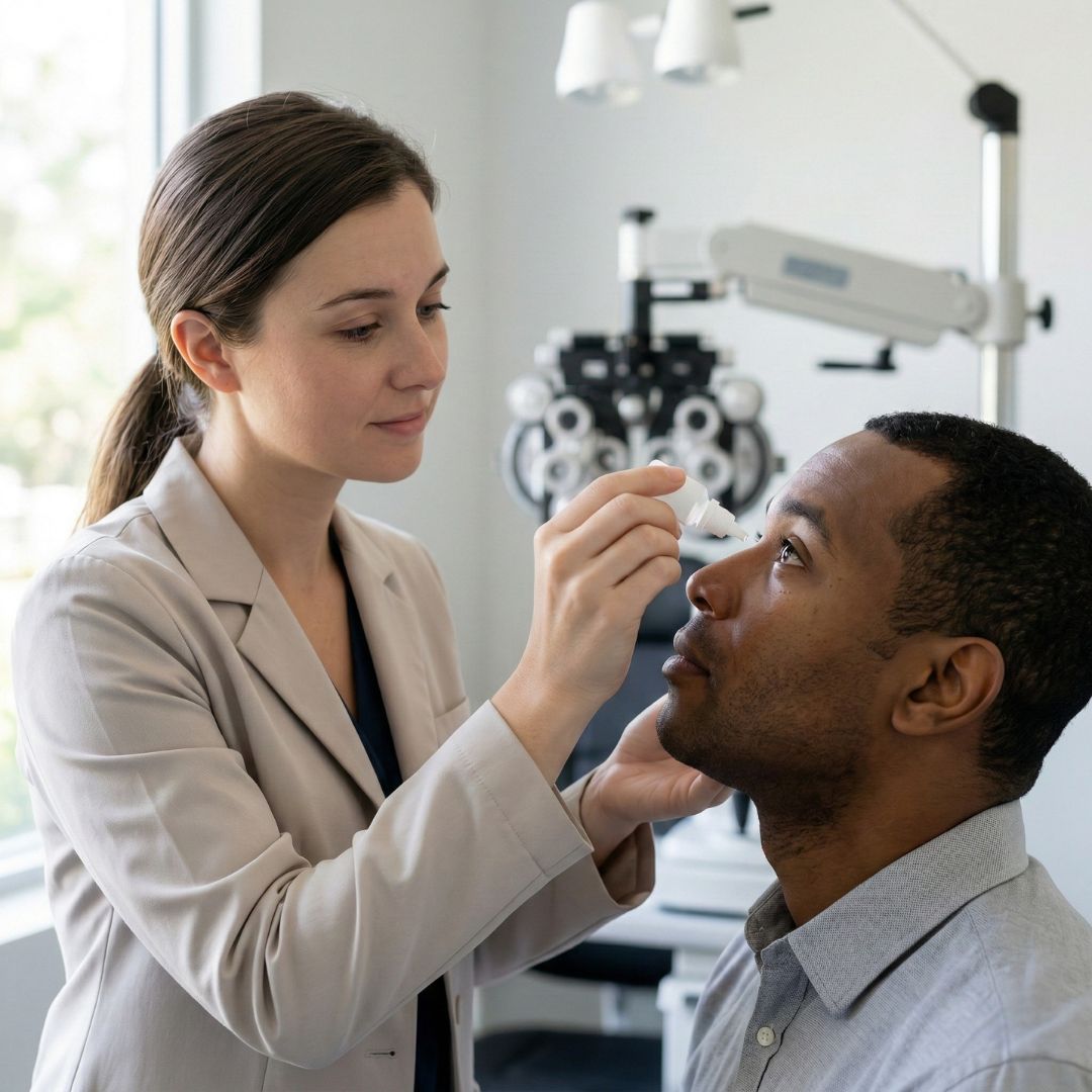 A compassionate female optometrist, wearing a professional clinic jacket, gently holds a small medical eye dropper, carefully administering relief into the eye of a patient.