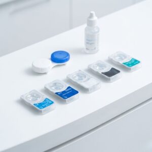 A selection of various contact lens blister packs and a storage case prepared for a patient fitting.